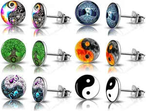 SIISPRI 6Pairs YinYang Mens Earrings Set Hypoallergenic Surgical Stainless Steel Round Circle Button Stud Post Earrings 10MM