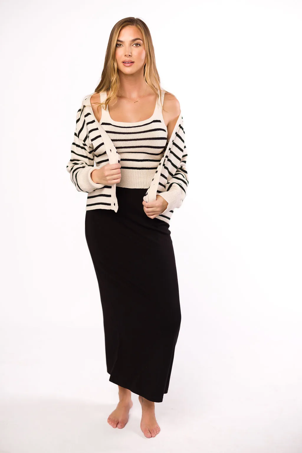 Stella Stripe Top and Cardigan Set in Natural Black