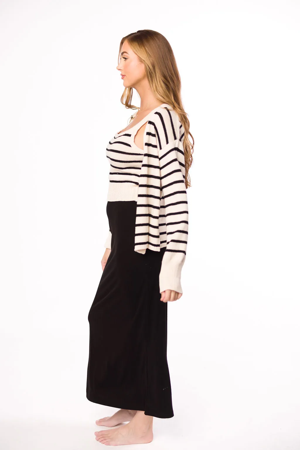 Stella Stripe Top and Cardigan Set in Natural Black