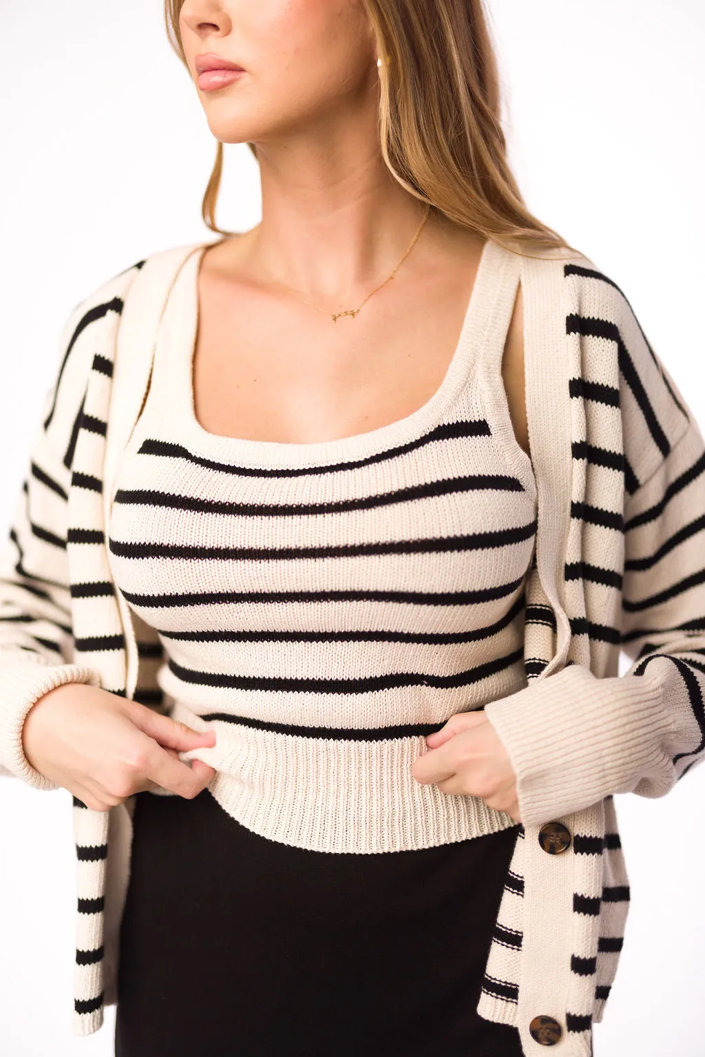 Stella Stripe Top and Cardigan Set in Natural Black