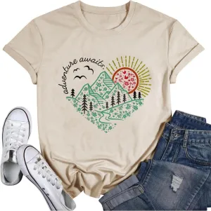 T&Twenties Women Adventure Awaits Mountain T Shirt Summer Camper Hiking Printed Hike Mountain Tree Graphic Travel Tee Shirt
