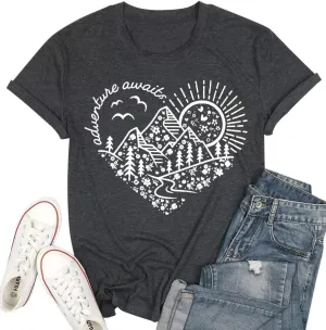 T&Twenties Women Adventure Awaits Mountain T Shirt Summer Camper Hiking Printed Hike Mountain Tree Graphic Travel Tee Shirt