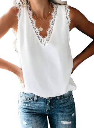 VIISHOW Women Ladies Sexy V Neck Lace Trim Tank Tops Dressy Camisole Casual Loose Sleeveless Chiffon Blouse Shirts