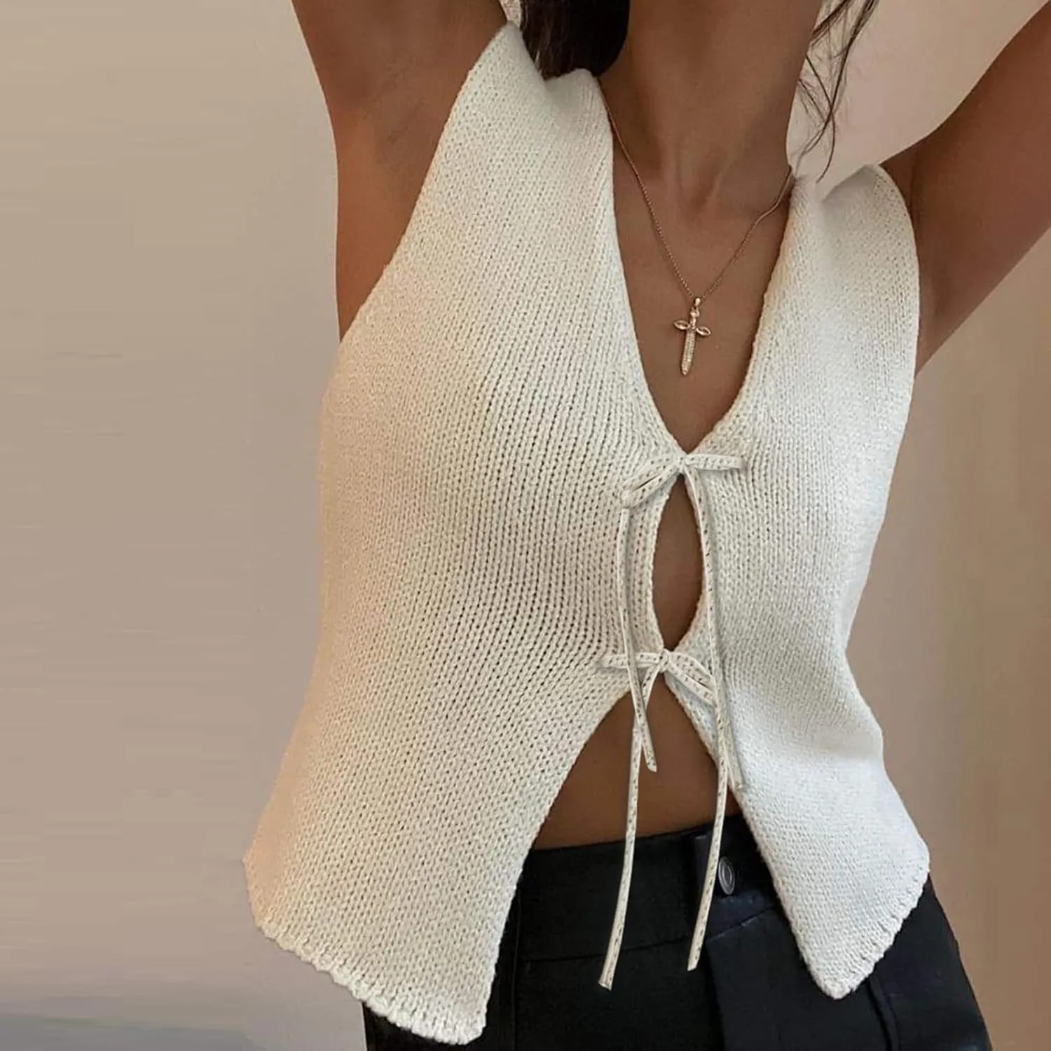 Women Crochet Knit Vest Top Y2k V Neck Sleeveless Vintage Hollow Out Crop Tops Summer Casual Streetwear