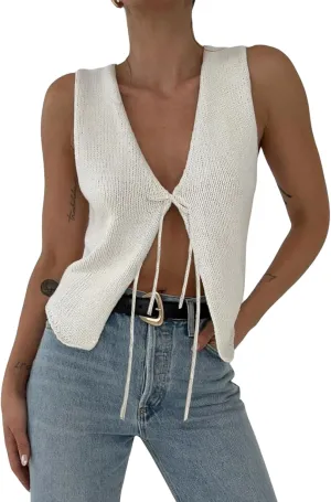 Women Crochet Knit Vest Top Y2k V Neck Sleeveless Vintage Hollow Out Crop Tops Summer Casual Streetwear