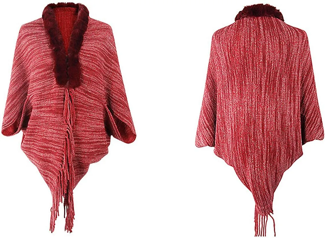 Women Fine Knit Open Front Sweater Fashion Fur Trim Layers Cape Cardigan Poncho Casual Vintage Knitted Tassel Wrap Shawl