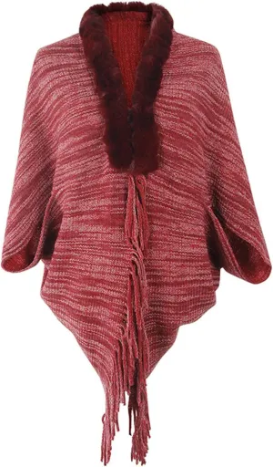 Women Fine Knit Open Front Sweater Fashion Fur Trim Layers Cape Cardigan Poncho Casual Vintage Knitted Tassel Wrap Shawl