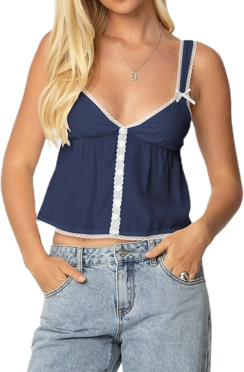 Women Lace Trim Ruffle Hem Camisole Tops Cute Bow Babydoll Peplum Cami Shirt Summer Tank Tops Y2K Fairy Streetwear