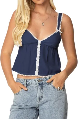 Women Lace Trim Ruffle Hem Camisole Tops Cute Bow Babydoll Peplum Cami Shirt Summer Tank Tops Y2K Fairy Streetwear