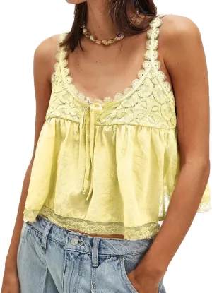 Women Lace Trim Tank Tops Y2k Tie Front Semi Sheer Crop Vest Cute Sleeveless Babydoll Cami Shirt