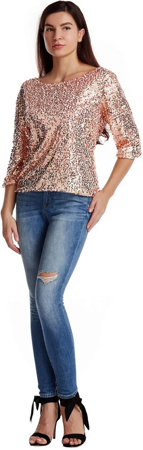 Women Sequin Sparkle Glitter Tank Cocktail Party Tops Shining T-Shirt Blouses