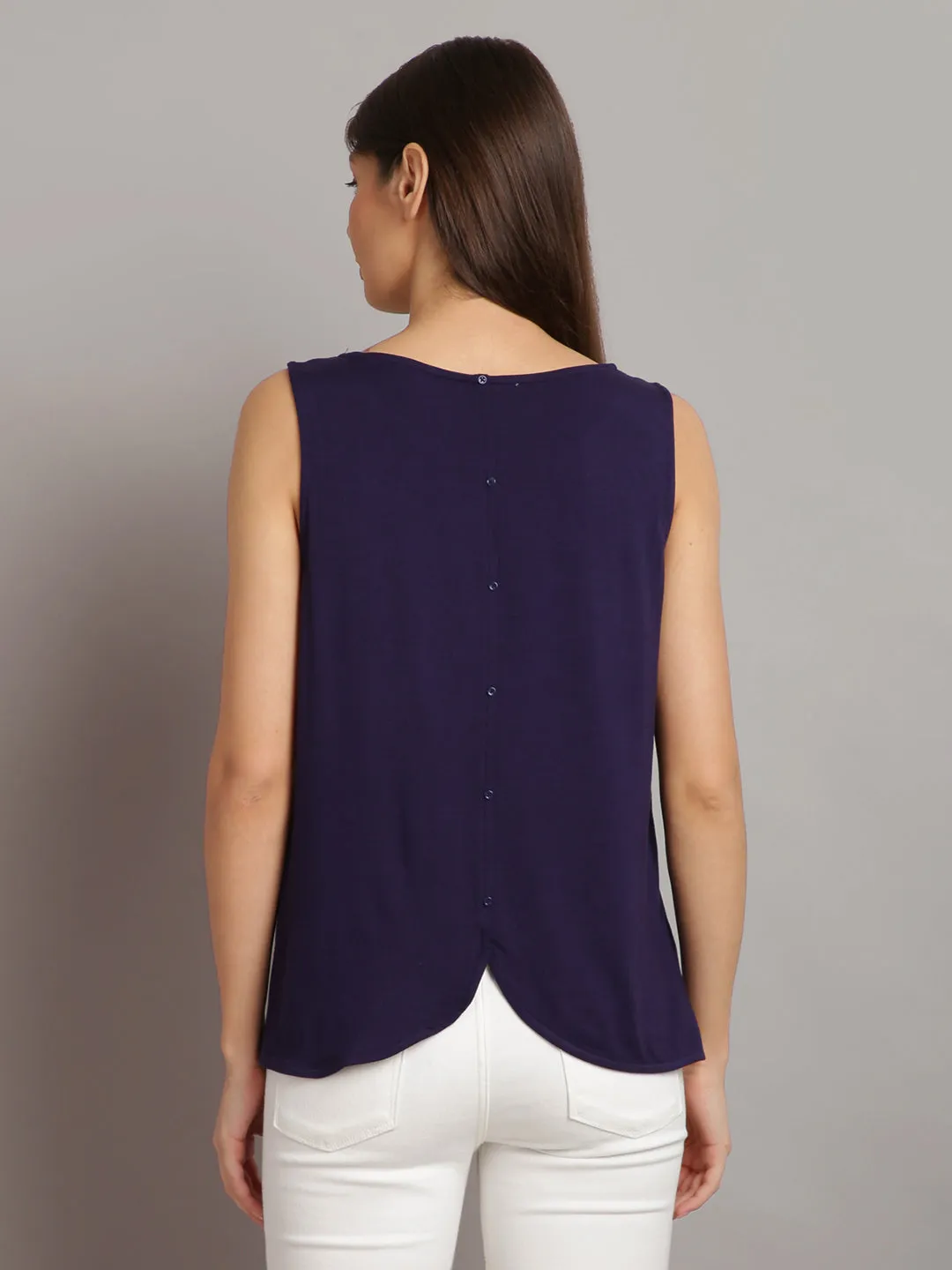 Women Solid Dark Blue Sleeveless Tank Tops