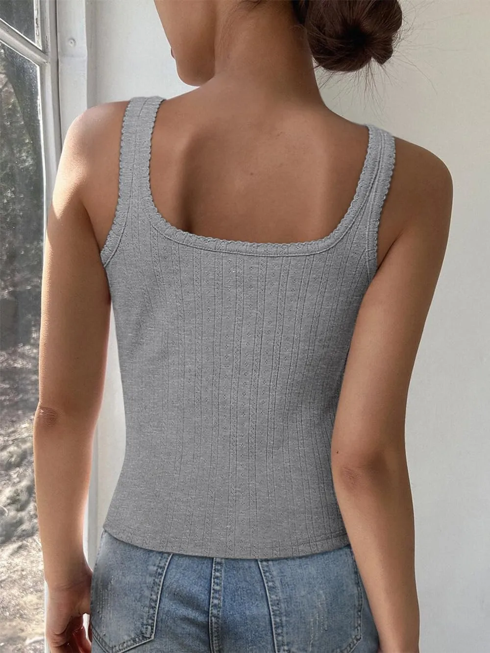 Women Square Neck Crop Tank Tops Sexy Y2K Summer Sleeveless Button Down Fitted Shirts Lace Going Out Camisole Tops