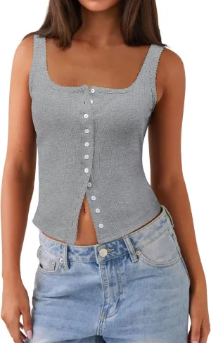 Women Square Neck Crop Tank Tops Sexy Y2K Summer Sleeveless Button Down Fitted Shirts Lace Going Out Camisole Tops