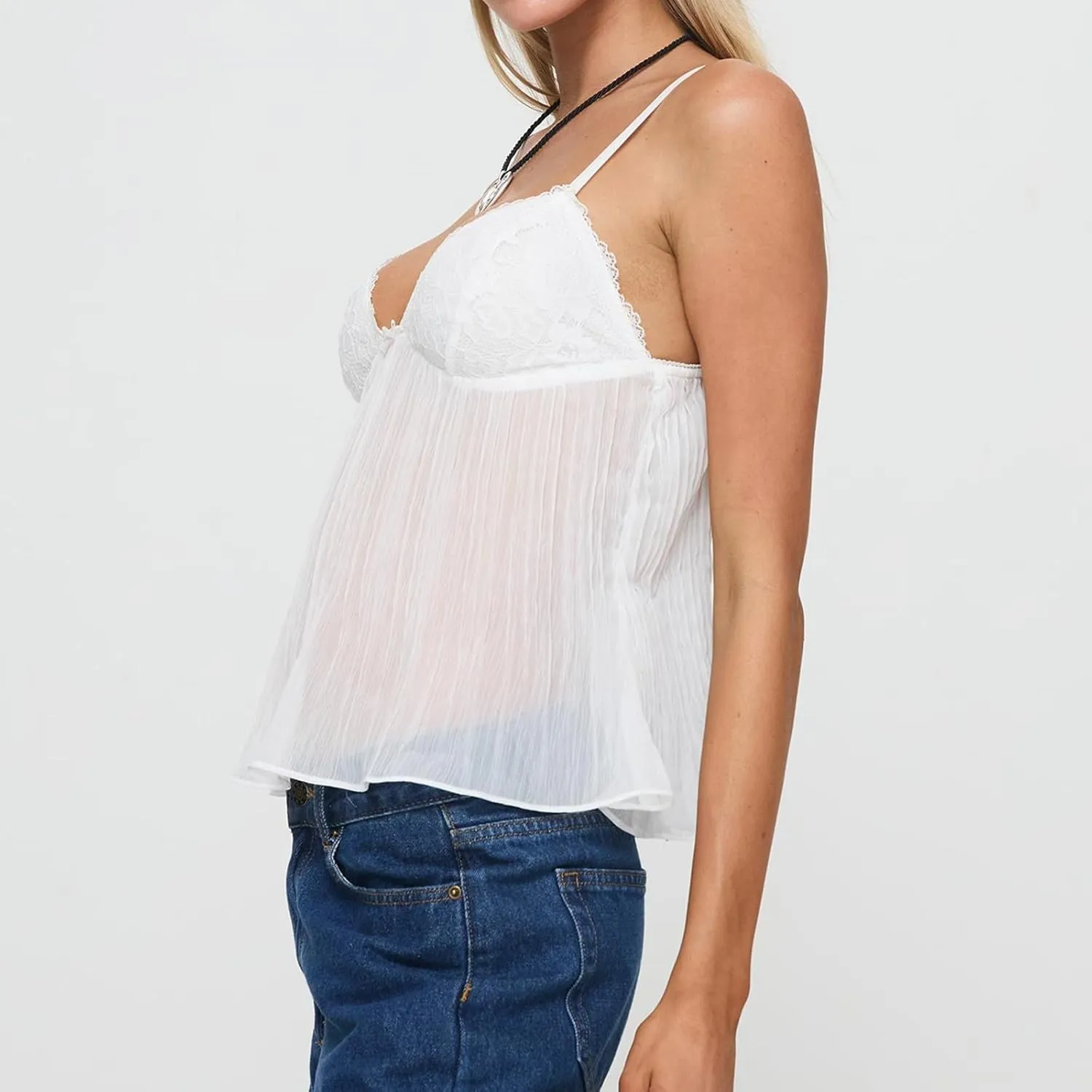 Women Y2K Lace Trim Babydoll Cami Top Summer Neck Spaghetti Strap Sleeveless Backless Peplum Crop Tops