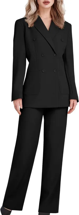 Women's 2 Piece Double Breasted Blazer and Wide Leg Pants Pocket Business Casual Office Suit