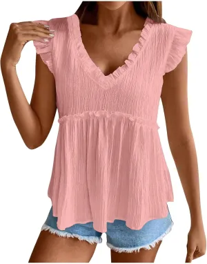 Womens Babydoll Tank Tops V Neck Ruffle Sleeve Pleated Peplum Shirts Summer Casual Boho Flutter Flowy Tank Tops