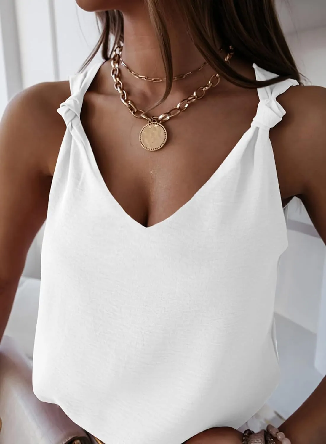 Womens Casual Fashion Tanks Tops V Neck Knotted Detail Tank Tops Sleeveless Blouses Shirts