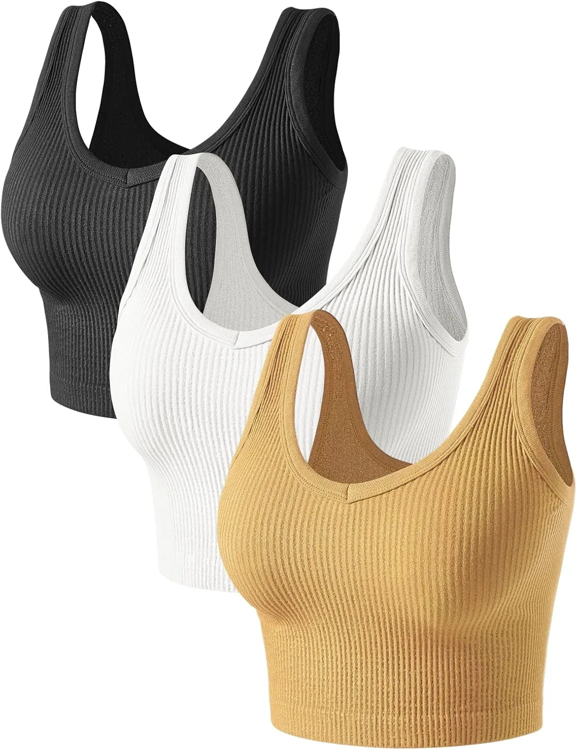 Womens Crop Tops Basic Sleeveless Both V-Neck and Round Neck 3 Pieces Black White Ribbed Seamless Casual Cami Tank Tops