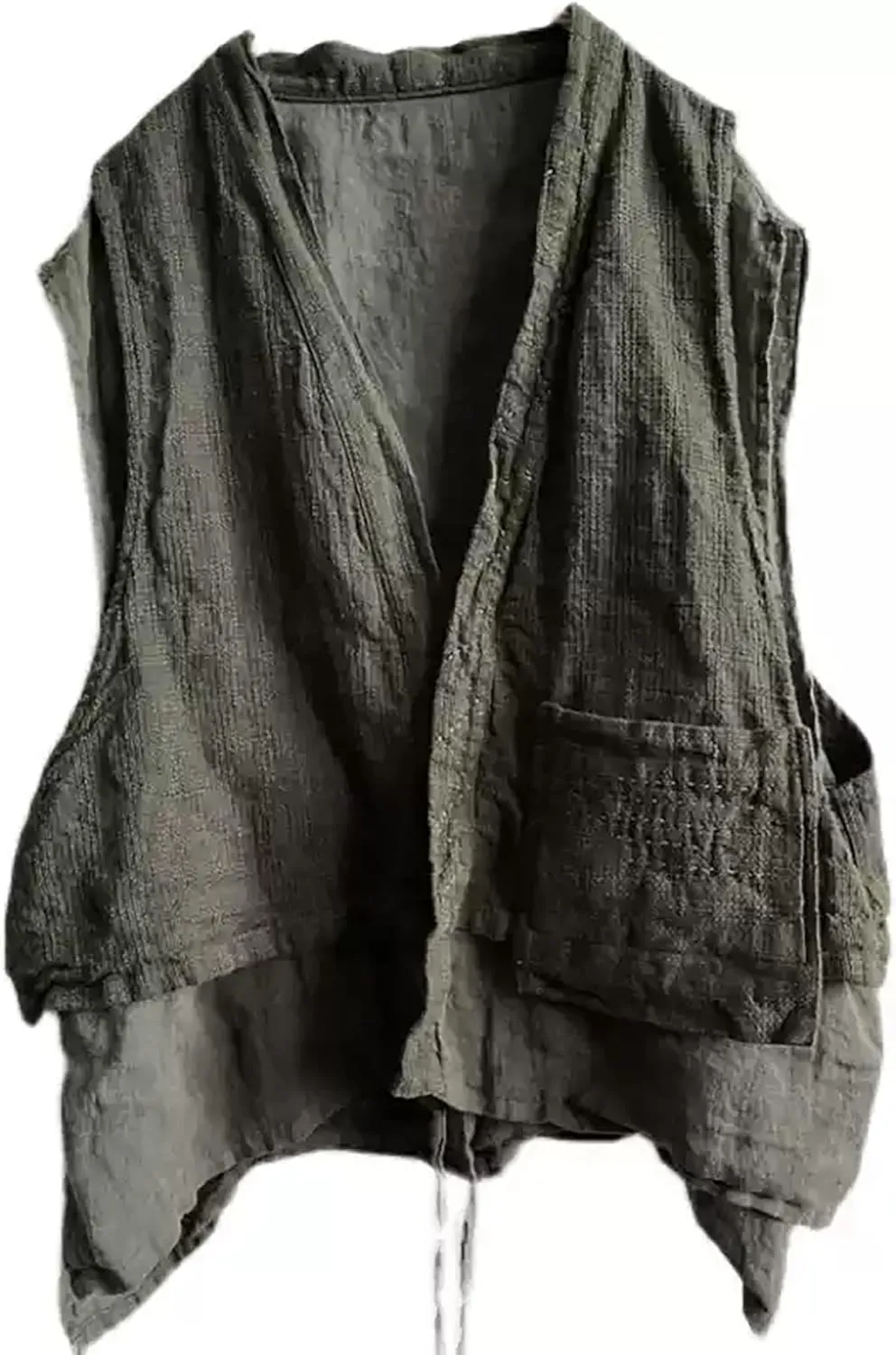 Women's Linen Vest Sleeveless Cardigan Open Front Kimono Boho Vintage Waistcoat with Pockets Handwoven