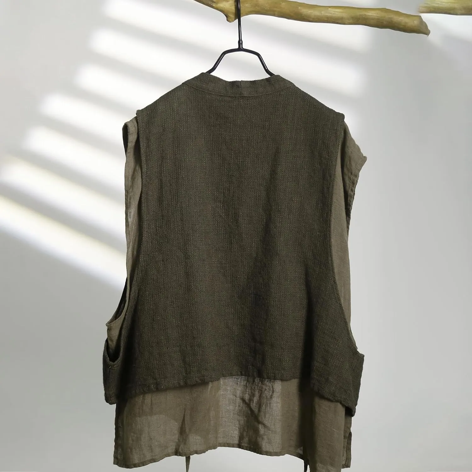 Women's Linen Vest Sleeveless Cardigan Open Front Kimono Boho Vintage Waistcoat with Pockets Handwoven