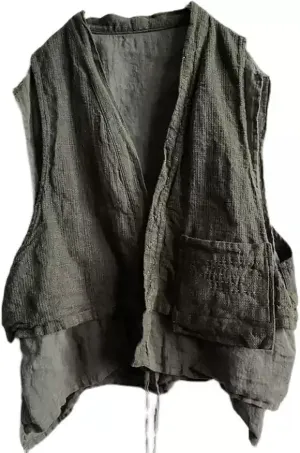 Women's Linen Vest Sleeveless Cardigan Open Front Kimono Boho Vintage Waistcoat with Pockets Handwoven
