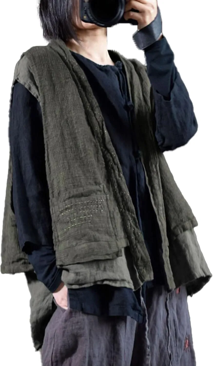 Women's Linen Vest Sleeveless Cardigan Open Front Kimono Boho Vintage Waistcoat with Pockets Handwoven