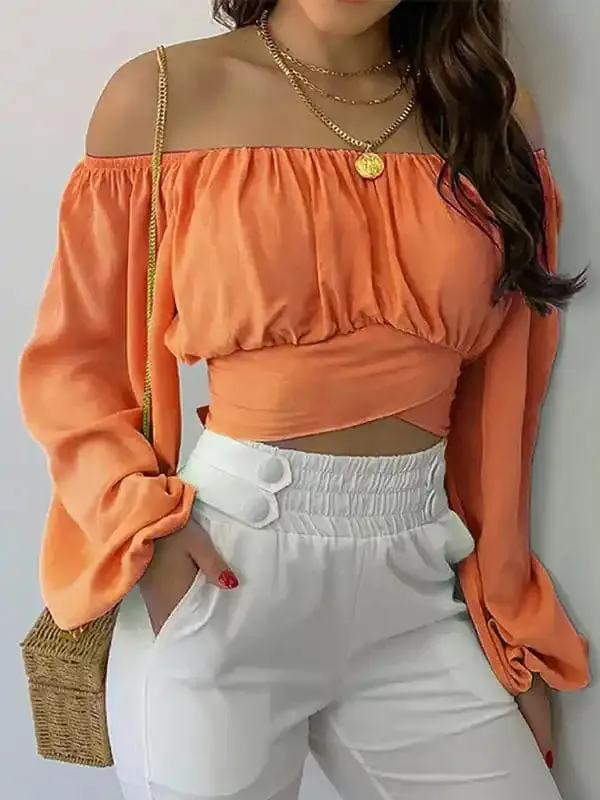 Women’s off-shoulder cross strap long sleeve top