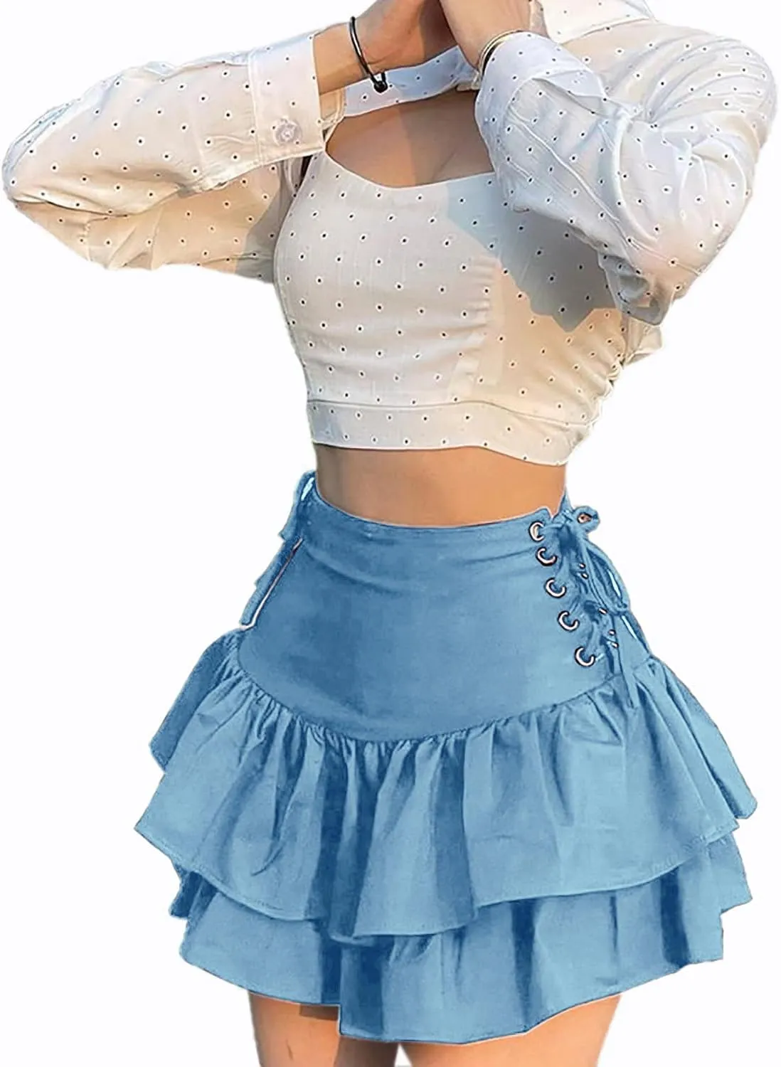 Womens Ruffle Tie Close Skirts Black Mini Skirt High Waist Goth Punk Skirt Girls Pleated Skirt Summer