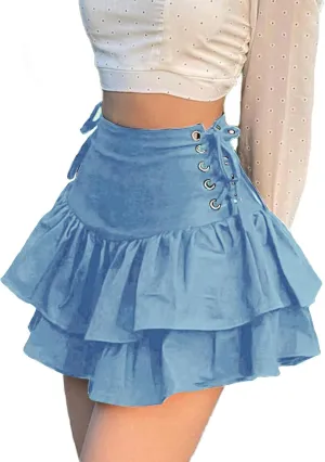 Womens Ruffle Tie Close Skirts Black Mini Skirt High Waist Goth Punk Skirt Girls Pleated Skirt Summer