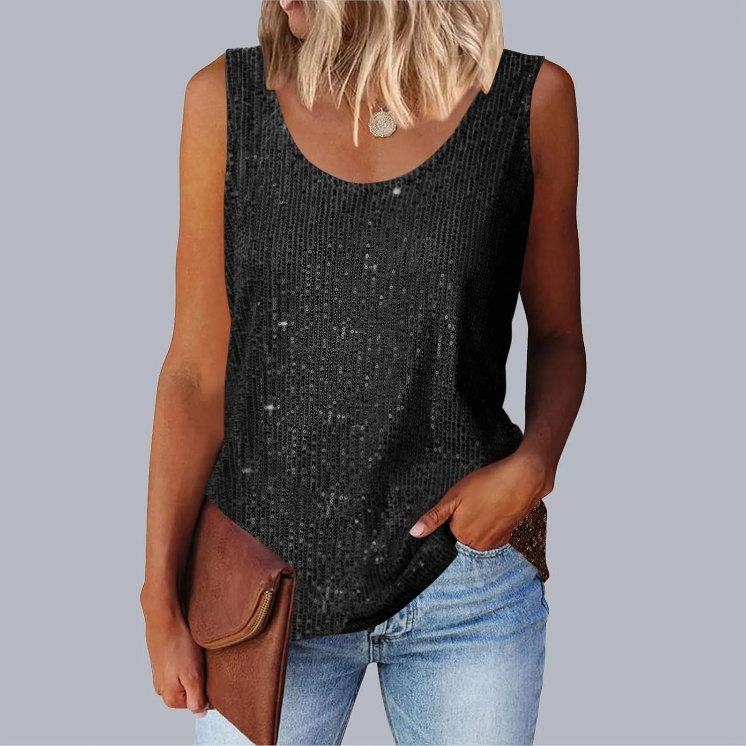 Womens Sequin Sparkle Tank Tops Casual Fashion Strappy Shimmer Camisole Sleeveless Party Glitter Tanks Tops