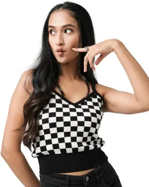 Womens Sleeveless Tank Top in Black/White Combo XLarge Size | Spring Tops for Women in Checkerboard Pattern | Double Front & Back V-Neck Tank Tops for Casual wear & More