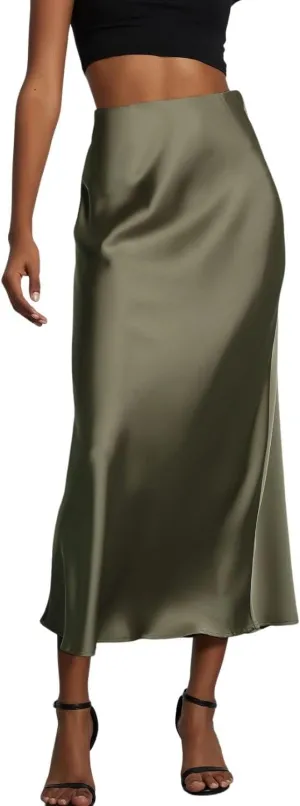 Women's Solid Silk Satin Skirt Trendy High Waist Skirts Daily Wedding Dress