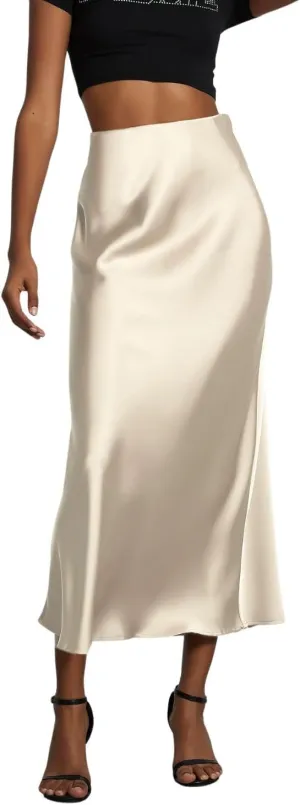 Women's Solid Silk Satin Skirt Trendy High Waist Skirts Daily Wedding Dress
