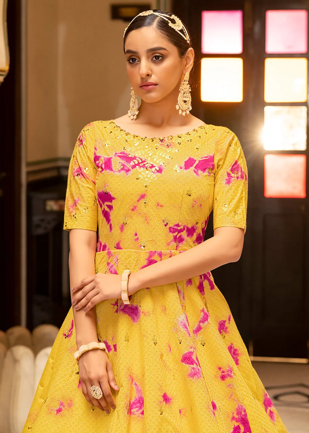 Yellow Shibori Print Embroidered Floor Length Cotton Gown