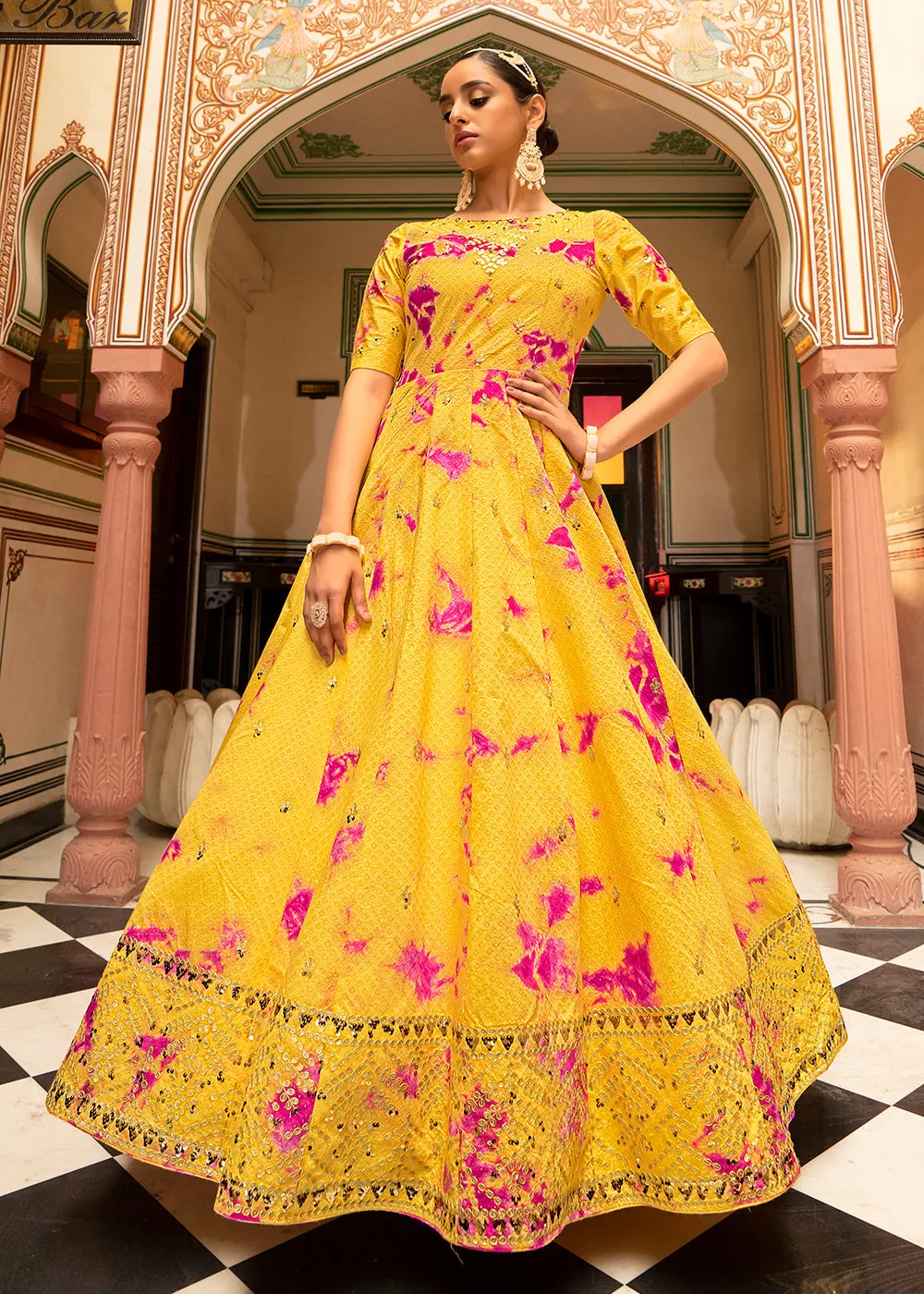 Yellow Shibori Print Embroidered Floor Length Cotton Gown