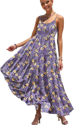 YESNO Summer Bohemian Floral Dresses for Women Spaghetti Straps Maxi Dress Casual Flowy Dresses with Pockets ES0